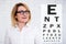 Portrait of thoughtful cheerful mature business woman in eyeglasses with eye test chart over white wall