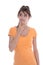 Portrait: Thoughtful isolated young girl in orange shirt looking