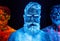 Portrait of three bearded men painted in florescent powders