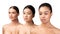 Portrait Of Three Diverse Girls Posing Over White Background, Panorama