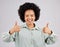 Portrait, thumbs up and black woman laughing in studio isolated on a white background. Success, happiness and person