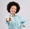 Portrait, thumbs up and black woman laughing in studio isolated on a white background. Success, happiness and person