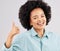 Portrait, thumbs up and black woman laughing in studio isolated on a white background. Success, happiness and person