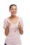 Portrait, thumbs up and motivation with a model black woman in studio isolated on a white background. Emoji, hands and