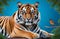 Portrait of a tiger on a blue background with tree leaves