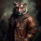 Portrait of a tiger wearing a leather jacket and a scarf.