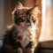 Portrait of a tortoiseshell Ragamuffin kitten looking to the side. Closeup face of a cute Ragamuffin kitty at home. Portrait of a