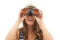 Portrait, travel and woman with binoculars to watch on vacation, holiday or adventure. Vision, glass and person in hat