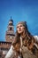 Portrait of trendy traveller woman in Milan, Italy