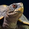 Portrait of a turtle on a dark background,  Close-up