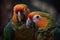 Portrait of two beautiful macaw parrots in the zoo. Generative AI.