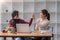 Portrait of two best friends classmates giving high five success celebrate her best friend while doing homework