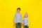 Portrait of two boys brothers smiling and holding hands. Studio photography on a yellow background, colored background.