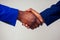 Portrait of two businessmen shaking hands in a business meeting on white background in studio shot