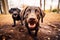 Portrait of two cute happy chocalate labrador dogs on the walking.