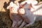 Portrait of two domestic pigs looking through a fence