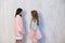 Portrait of two fashionable schoolgirl girls girlfriend in pink clothes