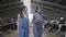 Portrait two girls farmers making a tour of the barn with cows on the farm. Girl farmer shows the visitor cows and