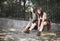 Portrait of two girls outdoors. The concept of difficult teenagers, bad students