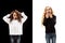 Portrait of two happy girls on a white and black background