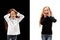 Portrait of two happy girls on a white and black background