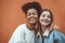 Portrait of two happy joyful teen girls of different races making selfie, enjoying friendship