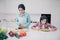 Portrait of two nice cute lovely attractive irritated annoyed bored tired evil girl demanding meal dish mature sweet mom