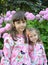 Portrait of two sisters against the background of the blossoming of the blossoming hydrangea