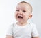 Portrait of unhappy nine-month-old baby on a white background