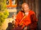 Portrait of unidentified Buddhist monk near stupa Boudhanath.