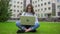 Portrait of university female student studying, using laptop computer