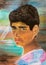 Portrait of an unknown  young Syrian boy. A sad  worried boy looking into the distance. Hand-painted acrylic illustration on paper