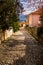 Portrait up down view of main cobblestone street in old city.City of Bakar, Croatia.