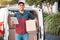 Portrait, van and delivery man with tablet and box, package or goods parcel. Ecommerce, logistics and courier, carrier