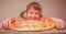 Portrait of very happy young girl with pizza. Good appetite concept