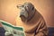 portrait of a very old walrus wearing glasses and reading newspaper, created with Generative AI technology