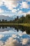 A portrait view of the incredibly beautiful Lake Matheson, New Zealand with the reflection of the stunning Southern Alps