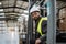 Portrait of warehouse worker driving forklift. Warehouse worker preparing products for shipmennt, delivery, checking