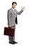 Portrait, wave and suitcase with a business man isolated on a transparent background for professional work. Corporate