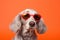 Portrait Weimaraner Dog With Sunglasses Orange Background