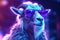 Portrait of a white goat wearing sunglasses on a neon lights purple background