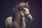 Portrait of a white horse, in a floral wreath on his head, on a dark violet background