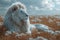 Portrait of a white lion in a field in summer