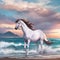 Portrait of white mustang with brown pony in the beach with blue ocean waves, sunrise, mountain, beautiful sky and clouds