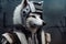 Portrait of a white wolf dressed in a warrior suit