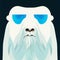Portrait of a white yeti on a dark background. The head of a furry Bigfoot. AI-generated