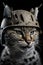 Portrait of a wild cat in a helmet on a black background