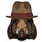 Portrait of wild hog, boar, pig. Face of brave animal. Fedora classic hat.