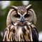 A portrait of a wise and weathered owl perched atop a tall tree3