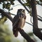 A portrait of a wise and weathered owl perched on a lofty tree3